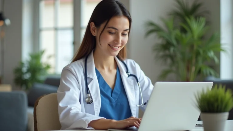 Patient sitting at home on laptop video call with female doctor, professional home office setting, natural lighting, calm expression, modern computer screen visible