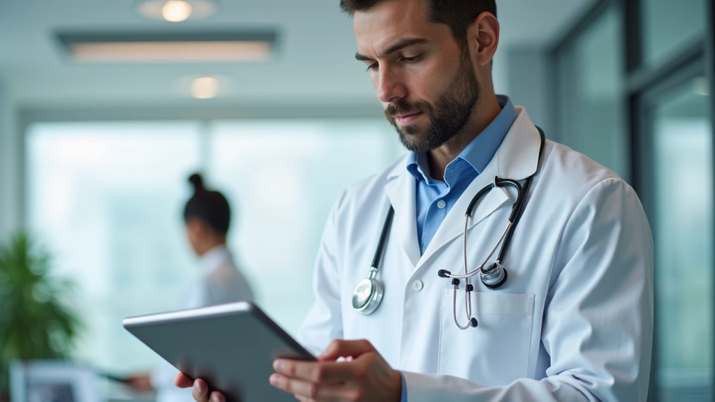 Healthcare provider wearing white coat using tablet to review patient medical records, clinical office background, profession