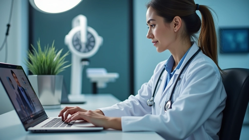 Doctor in white coat conducting telehealth video consultation on laptop in modern medical office with professional lighting and medical equipment visible in background