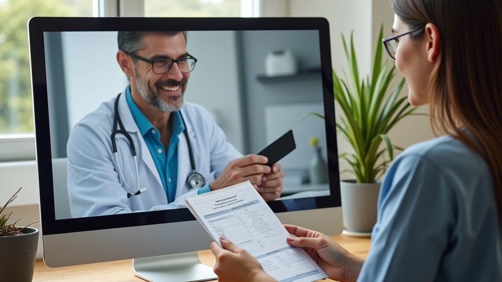 Patient sitting at home desk during online video consultation with healthcare provider on computer screen, holding medical do