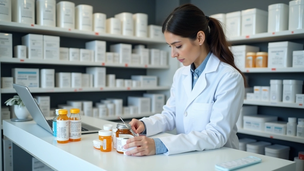 Pharmacy technician in white coat filling prescription bottles at modern pharmacy counter with organized medication shelves a