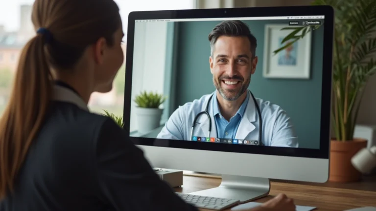 Professional woman in home office having video call with male doctor on computer screen, warm lighting, modern laptop setup, healthcare consultation