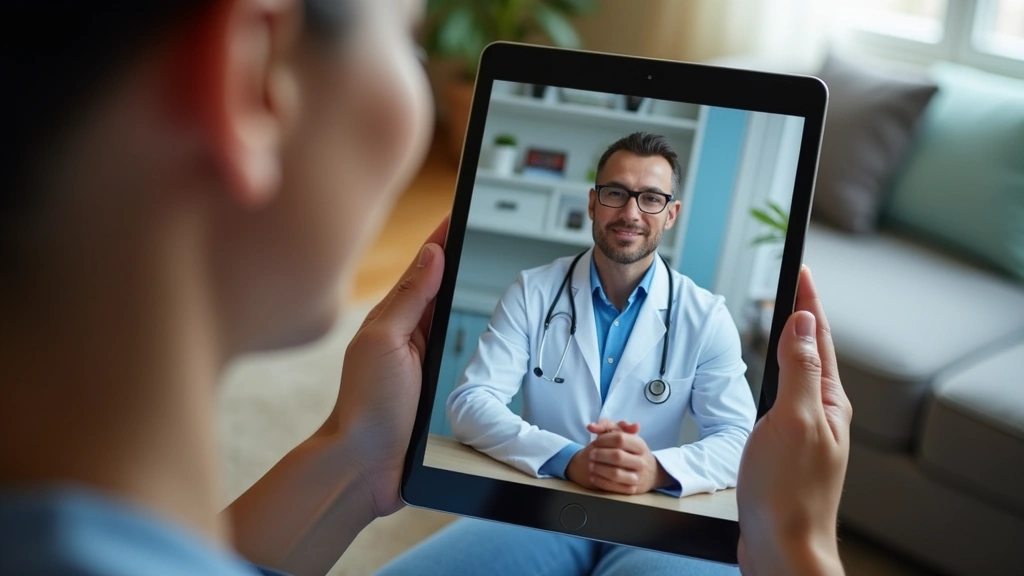 Close-up of hands holding tablet showing doctors face in video consultation, patient sitting comfortably on couch, warm home 