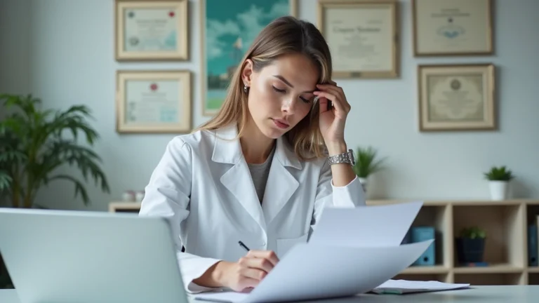 Professional female psychologist in white coat reviewing case files at desk in modern clinical office with diplomas on wall, natural lighting, serious focused expression