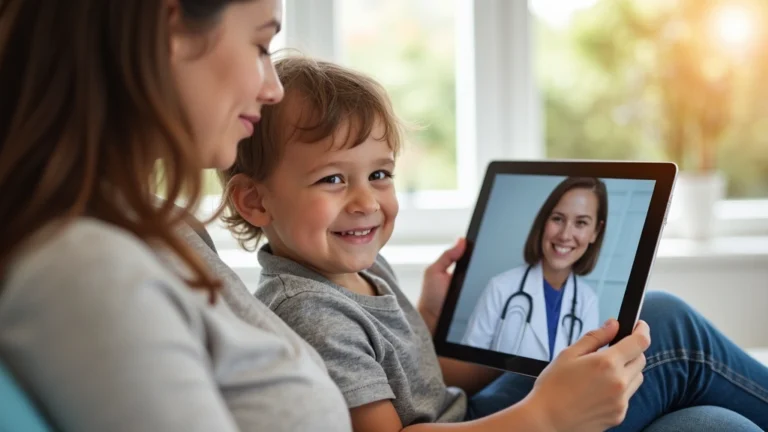 Parent and child having video call with pediatrician on tablet in bright home setting, child smiling at screen during virtual consultation