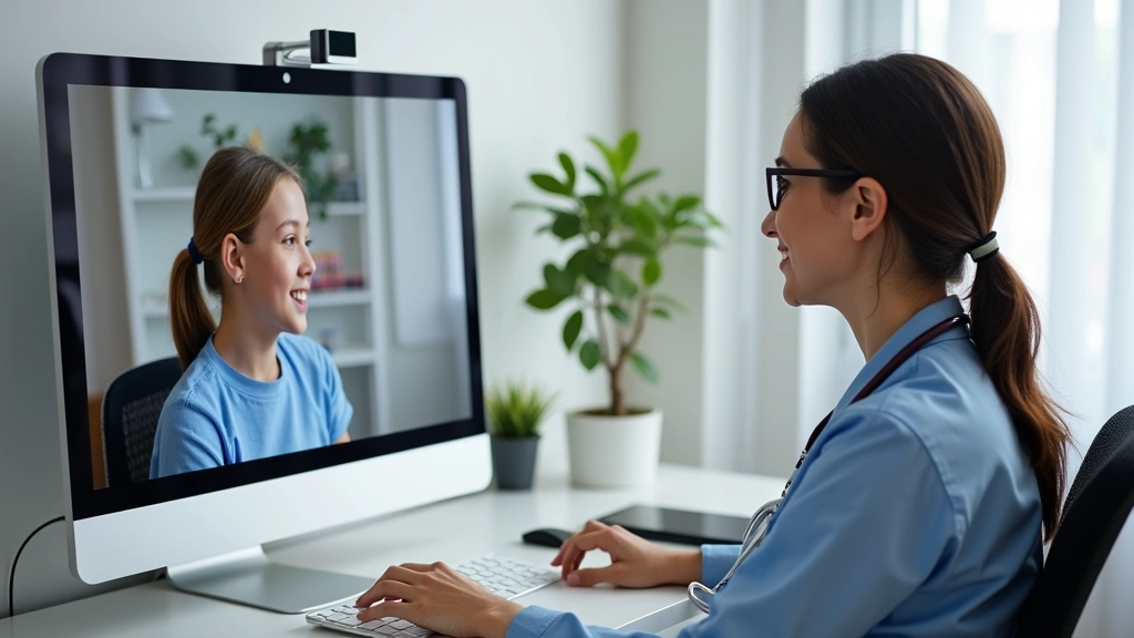 Healthcare provider in medical office reviewing child patient information on computer during telehealth appointment, professi