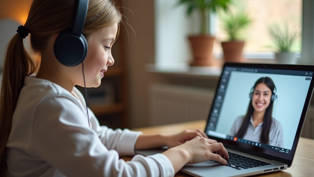 Young girl wearing headphones participating in online therapy session with counselor visible on laptop screen, comfortable ho