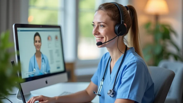 Female registered nurse in home office wearing headset, smiling at computer screen during virtual patient consultation, professional medical setting, natural lighting