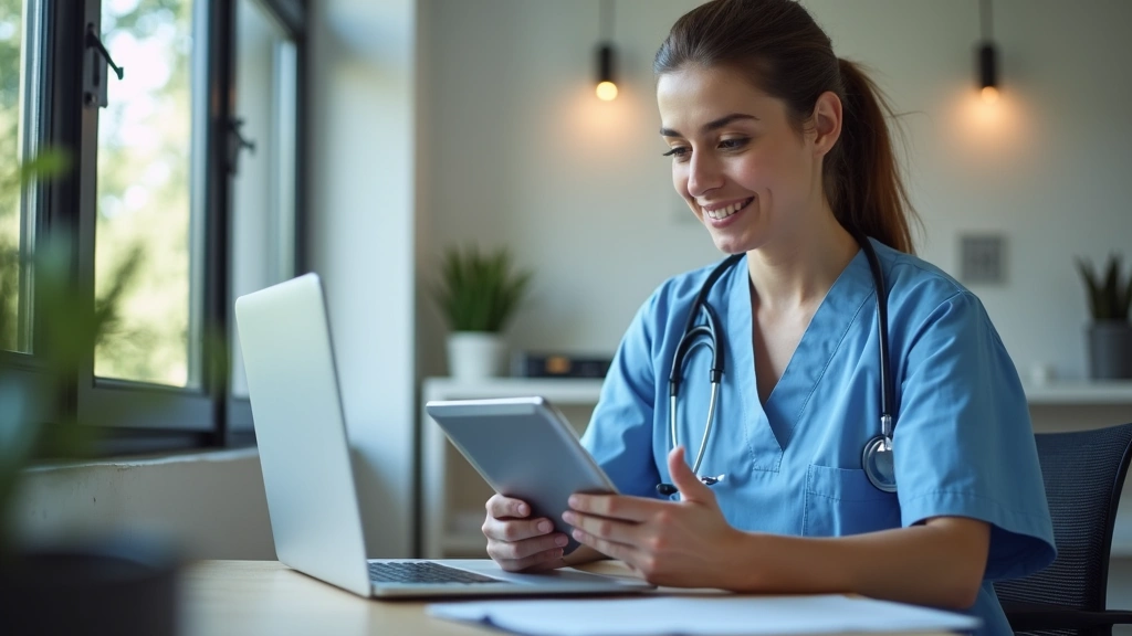 Healthcare professional reviewing patient data on tablet in modern home office workspace, secure telehealth technology enviro