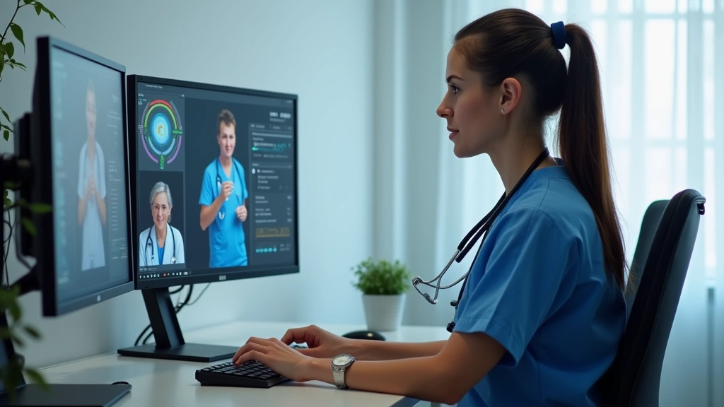 Registered nurse at desk with dual monitors, reviewing electronic health records, modern telehealth workspace setup, professi