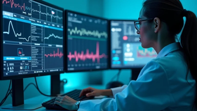 Healthcare provider reviewing patient vital signs on digital dashboard in modern clinic, multiple monitors displaying heart rate and blood pressure data, professional medical environment with soft blue lighting