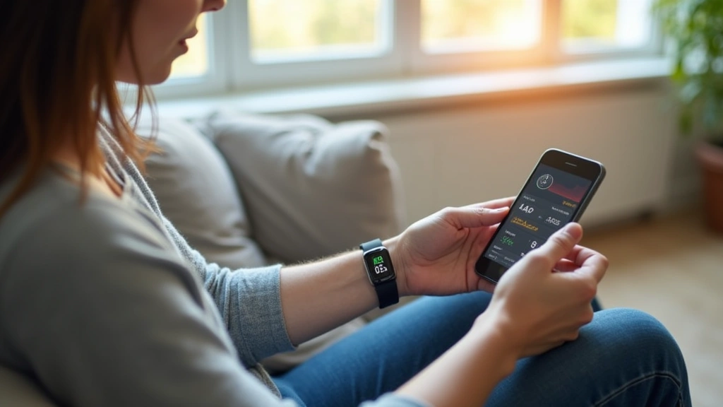 Patient at home wearing smartwatch and using mobile app to monitor blood pressure with wireless device, sitting comfortably o