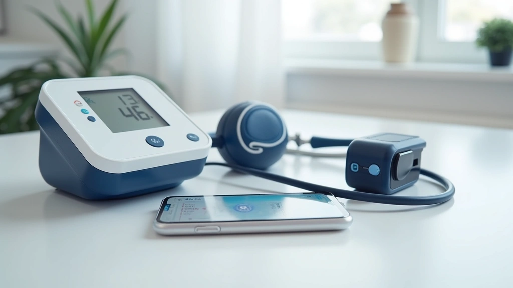 Close-up of connected medical devices including blood pressure monitor, pulse oximeter, and glucose meter arranged on table w