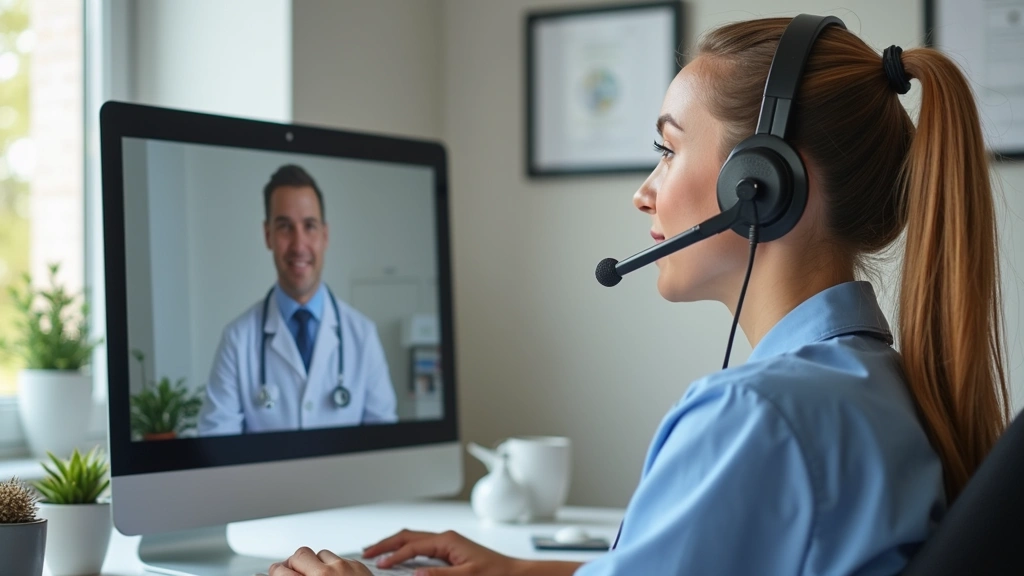 Female physician in home office wearing headset during video consultation with patient on computer screen, professional medical setting with diplomas on wall