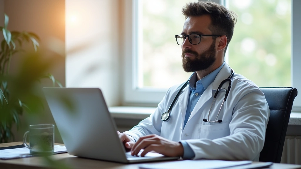 Male doctor in bright home workspace conducting virtual patient visit on laptop, comfortable chair, medical reference materia