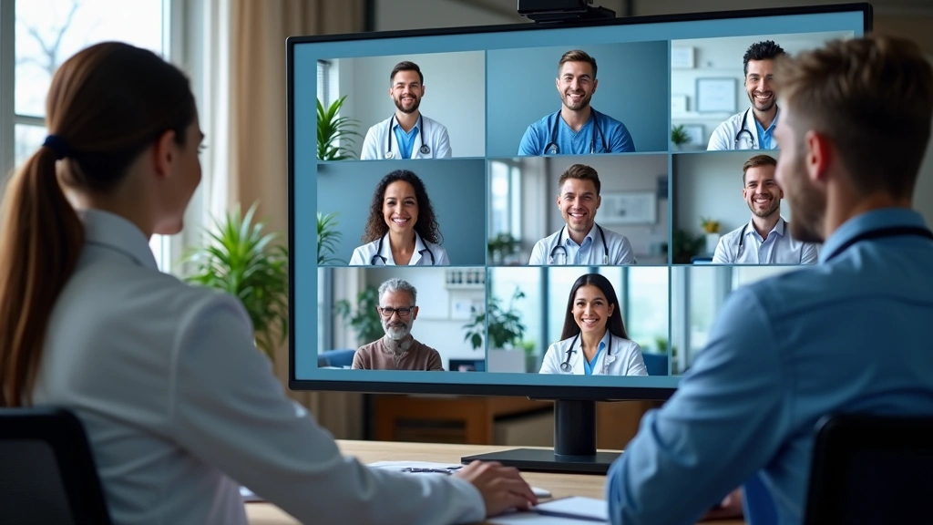 Diverse healthcare team in separate home offices during virtual staff meeting on multiple screens, professional medical envir