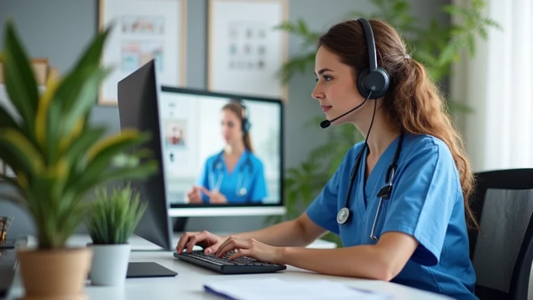 Professional female registered nurse wearing scrubs and headset, sitting at home desk with computer monitor, video call with patient visible on screen, modern home office with plants and medical documents