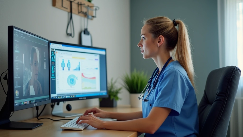 Registered nurse in home office setting with dual monitors displaying patient records and video conferencing, comfortable erg