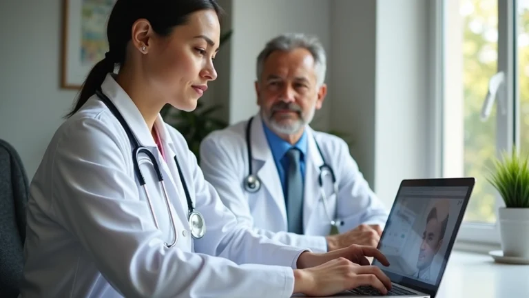Professional woman doctor in white coat having video consultation on laptop with male patient at home, modern medical office background, natural lighting