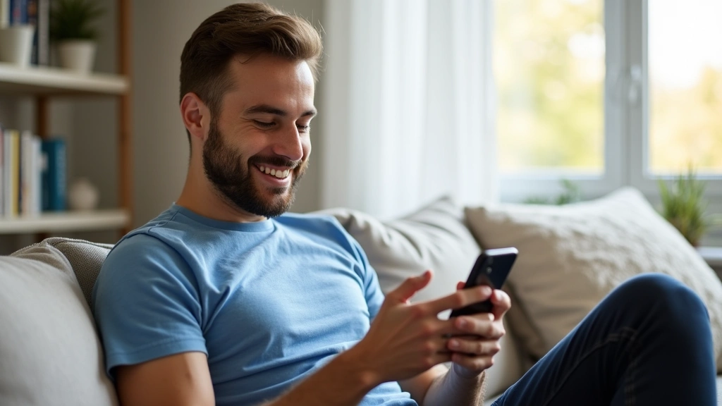 Young man using smartphone to book telehealth appointment, sitting on couch at home, relaxed confident expression, bright nat