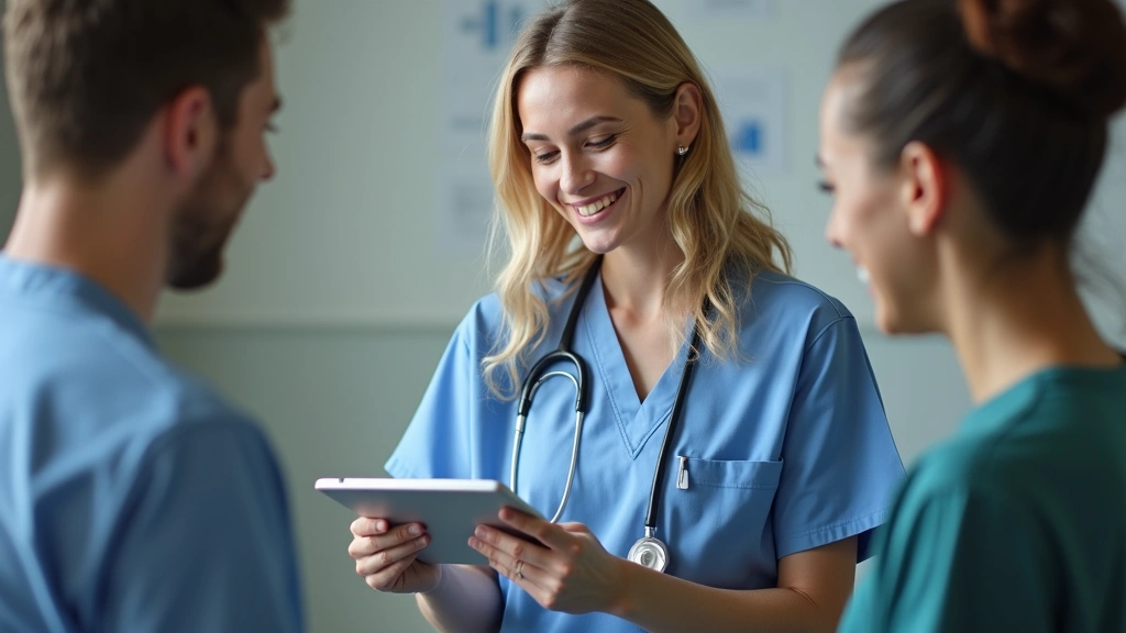 Female healthcare provider in scrubs smiling during virtual consultation on tablet with patient, professional medical office 