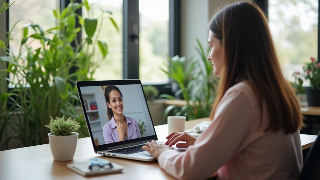 Professional therapist conducting secure video telehealth session on laptop in modern clinical office with plants and natural