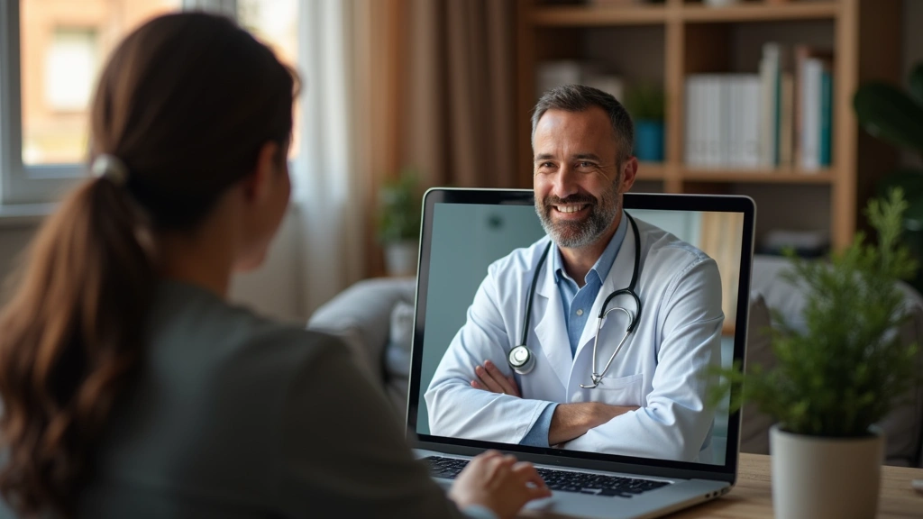 Patient in home office on laptop video call with male physician wearing white coat, warm lighting, professional medical consultation setup, no text visible