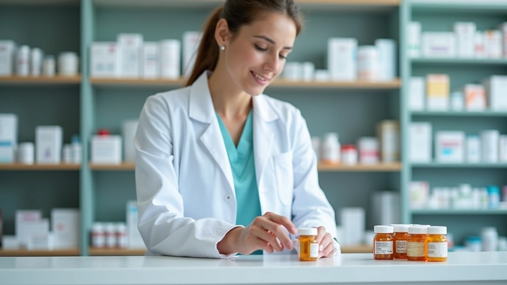 Female pharmacist at counter preparing medication bottles, pharmacy shelves background, professional healthcare setting, natu