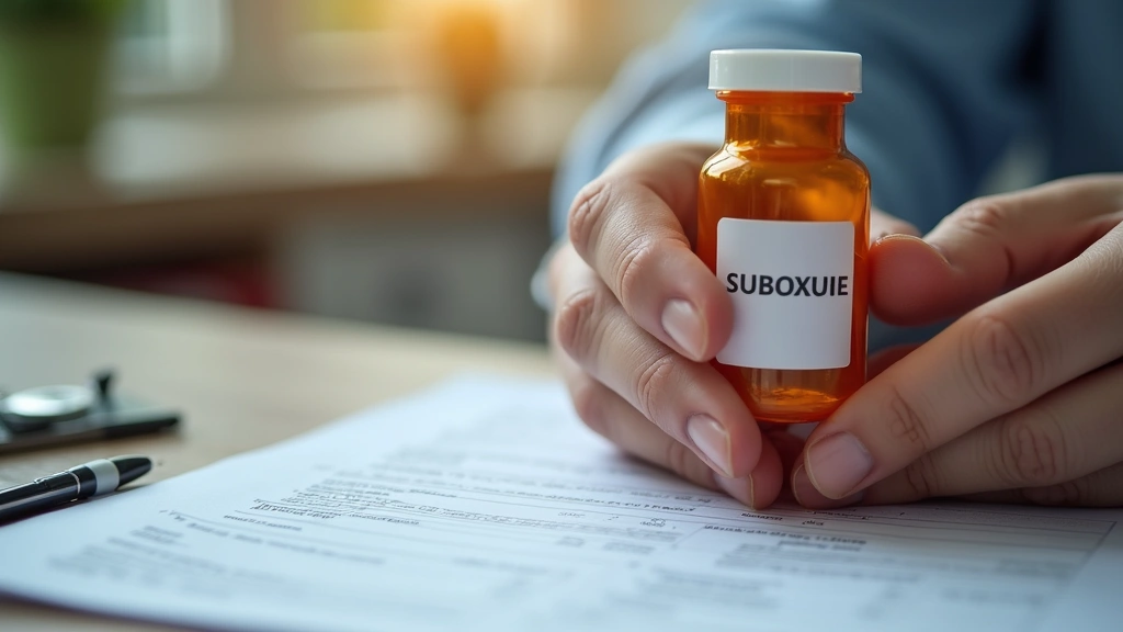Close-up of hands holding Suboxone medication bottle and prescription paperwork on wooden desk, soft focus background, health