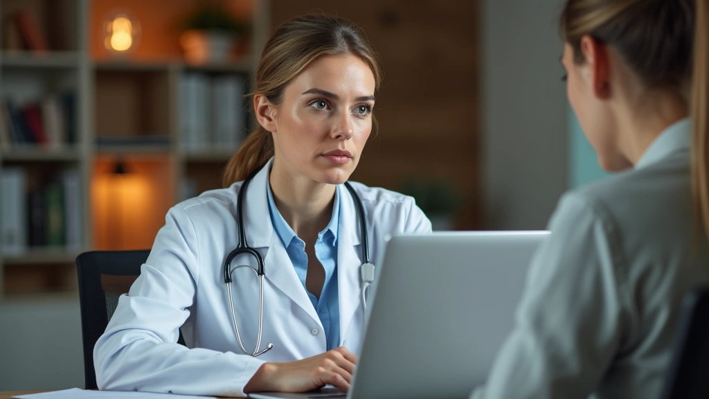 Professional female doctor in white coat conducting video consultation on laptop, warm office lighting, patient perspective view, serious focused expression