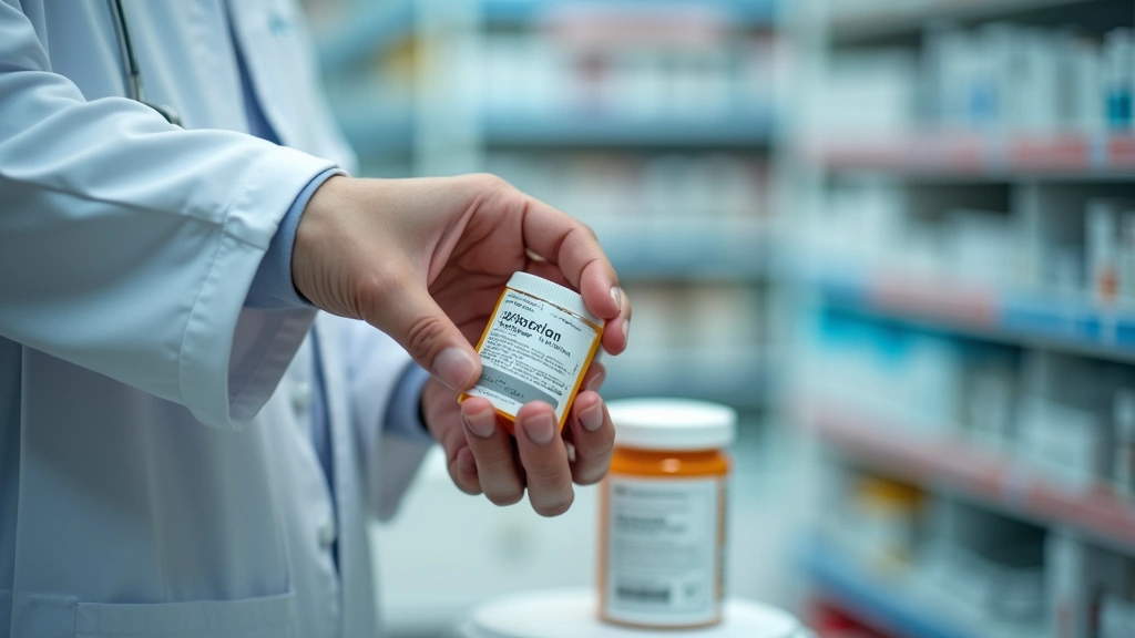 Close-up of pharmacists hands dispensing medication bottles in pharmacy setting, organized shelves background, professional h