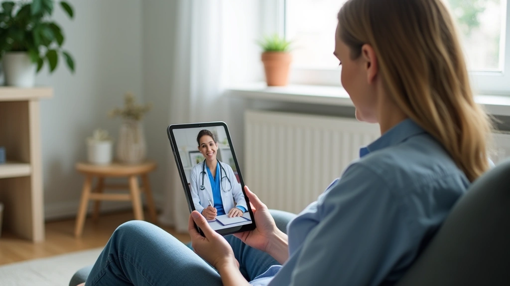 Patient receiving telehealth consultation on tablet device at home, comfortable sitting position, natural window lighting, ca