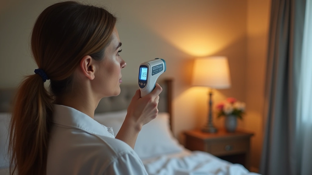 Professional woman at home taking her temperature with digital thermometer, warm lighting, cozy bedroom background, health monitoring