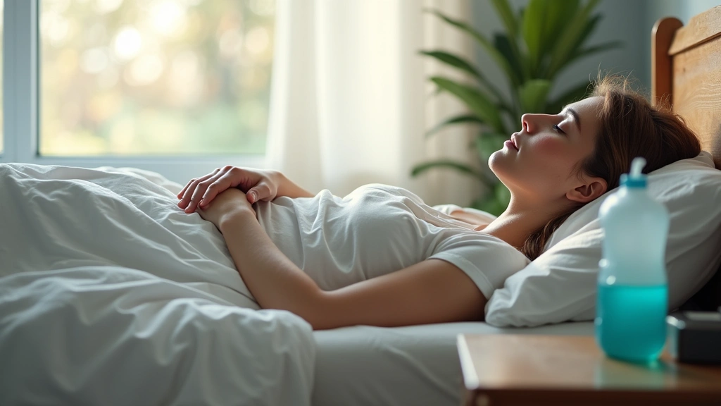 Person resting in bed with water bottle and tissues on nightstand, natural daylight from window, home recovery scene, wellnes