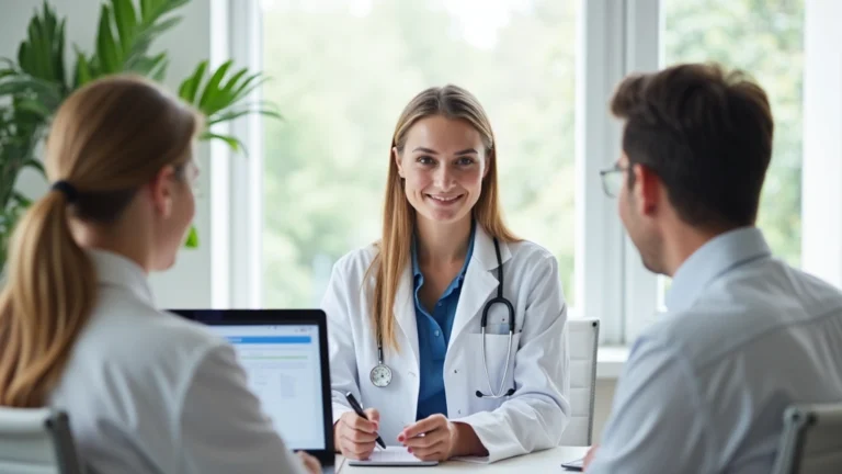 Professional woman in bright home office on video call with male doctor wearing white coat, laptop screen visible, calm confident demeanor, natural lighting from window