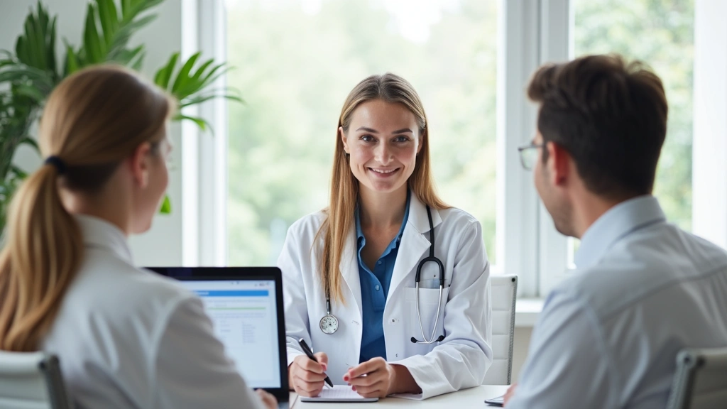 Professional woman in bright home office on video call with male doctor wearing white coat, laptop screen visible, calm confident demeanor, natural lighting from window