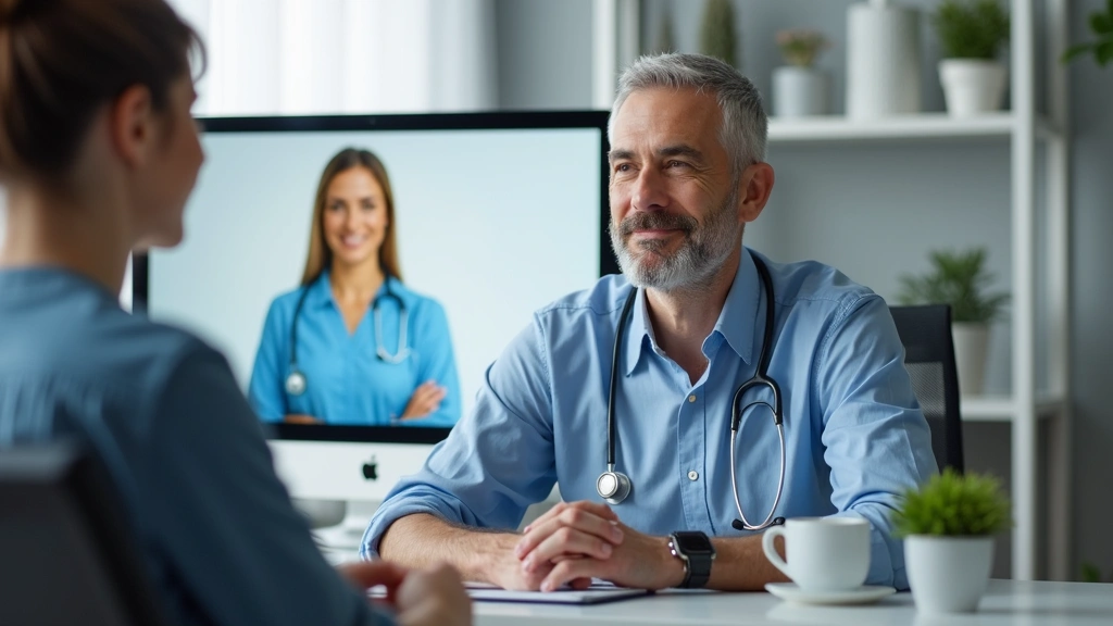 Middle-aged patient sitting at desk during telehealth appointment, computer screen showing female healthcare provider, stetho