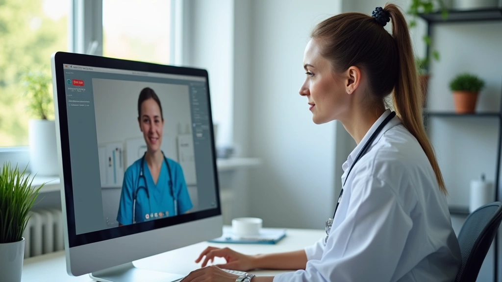 Healthcare provider conducting secure video consultation with patient on computer, professional medical office background, modern telehealth setup
