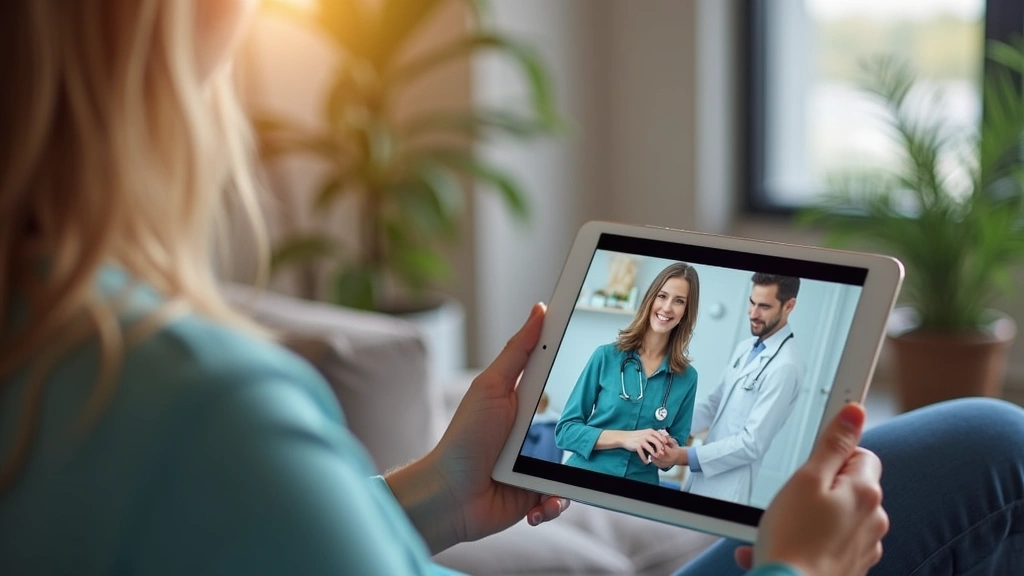 Patient using tablet to join telehealth appointment through SimplePractice platform, comfortable home setting, professional m