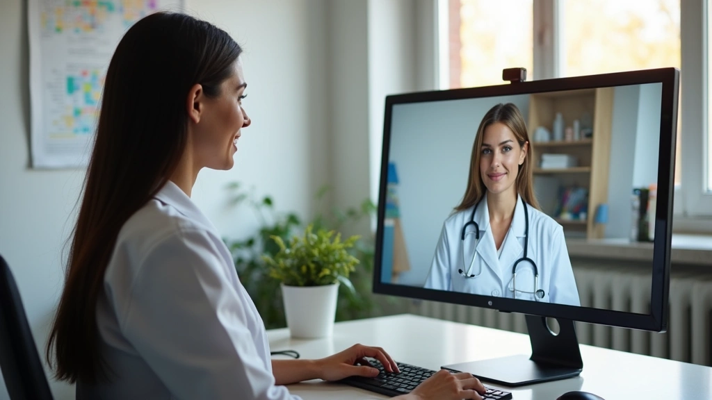 Professional female telehealth coordinator working at home office, video call on computer screen, medical charts visible, modern healthcare environment, natural lighting