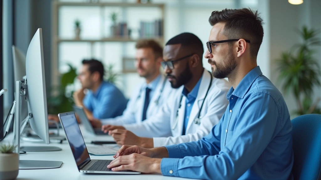 Diverse group of healthcare professionals in modern telehealth clinic, using computers and tablets, collaborative remote care
