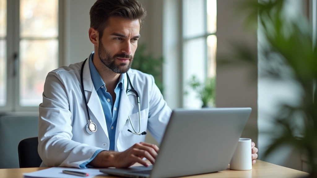 Male nurse practitioner in home office conducting virtual patient consultation on laptop, professional medical environment, f