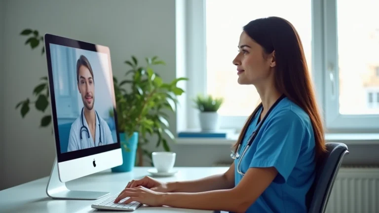 Professional female telehealth nurse in home office setup with computer, wearing medical scrubs, video consultation on screen, modern minimalist workspace with healthcare equipment