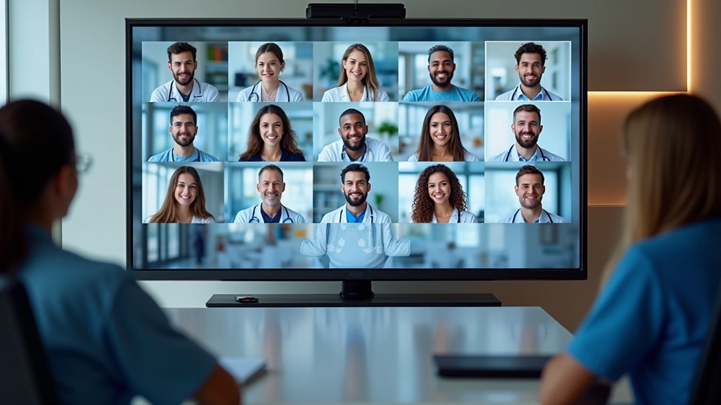 Diverse group of healthcare professionals in virtual meeting on large screen, telehealth conference room setup, modern medica