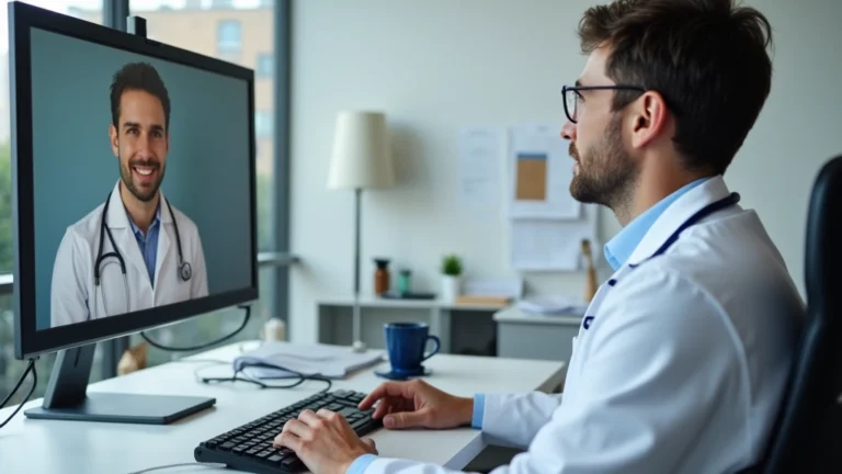 Doctor in modern clinic conducting virtual video consultation with patient on large monitor, professional medical setting, neutral background, daytime lighting