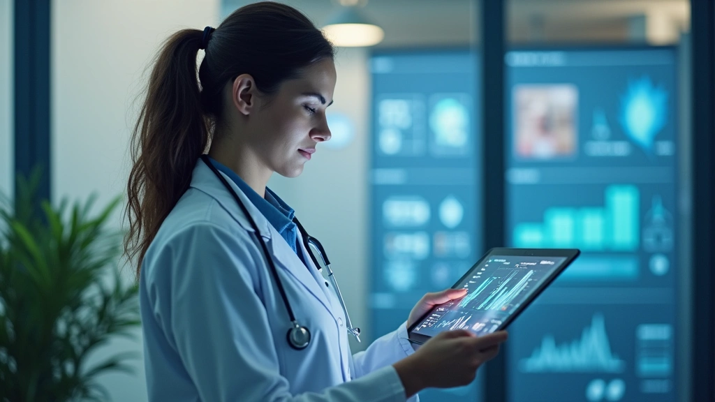 Healthcare provider using tablet with AI interface displaying patient data, charts, and clinical decision support in contempo