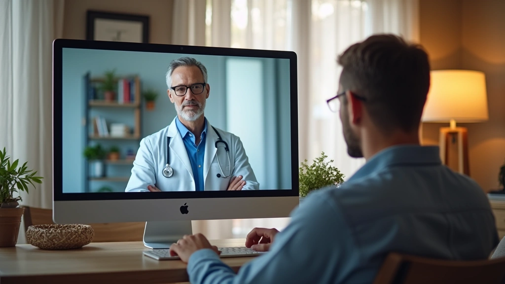 Patient at home video conferencing with healthcare provider on computer screen, comfortable residential setting, showing secu