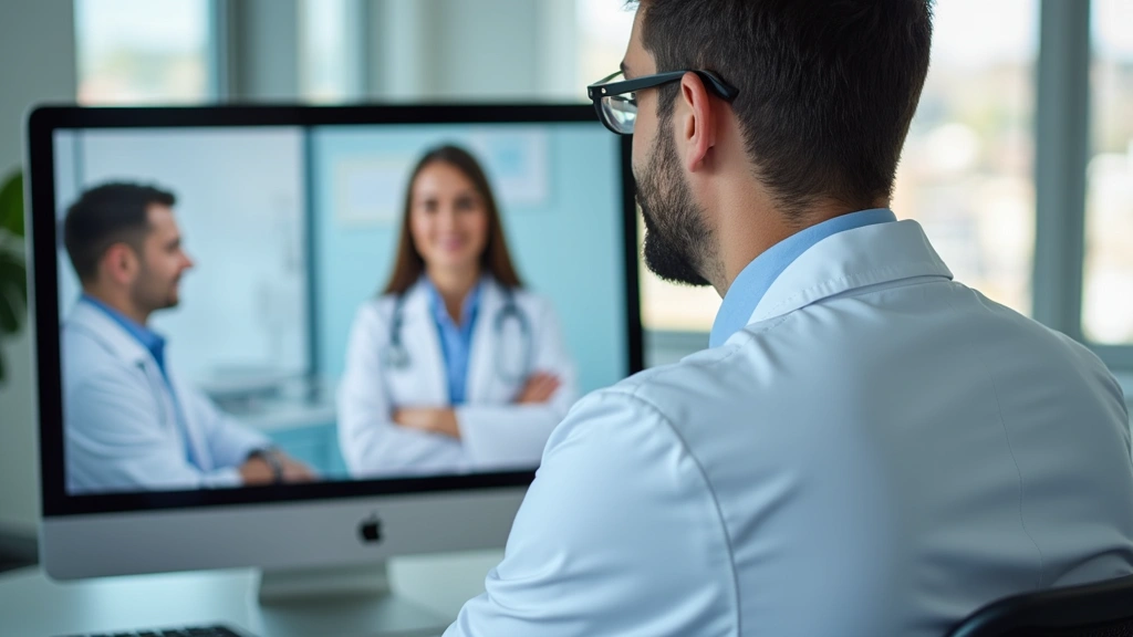 Professional doctor in white coat during video consultation on computer screen with patient visible, modern clinic background