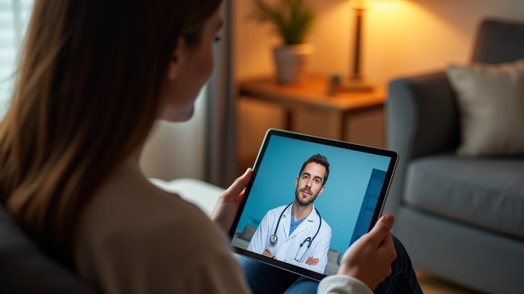 Patient sitting at home using tablet for telehealth appointment with healthcare provider on screen, comfortable residential s