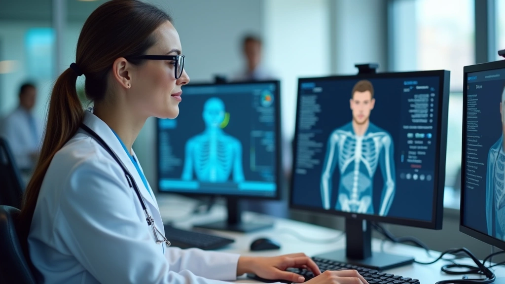 Healthcare provider reviewing patient data on computer screen during virtual consultation, modern medical office, multiple mo
